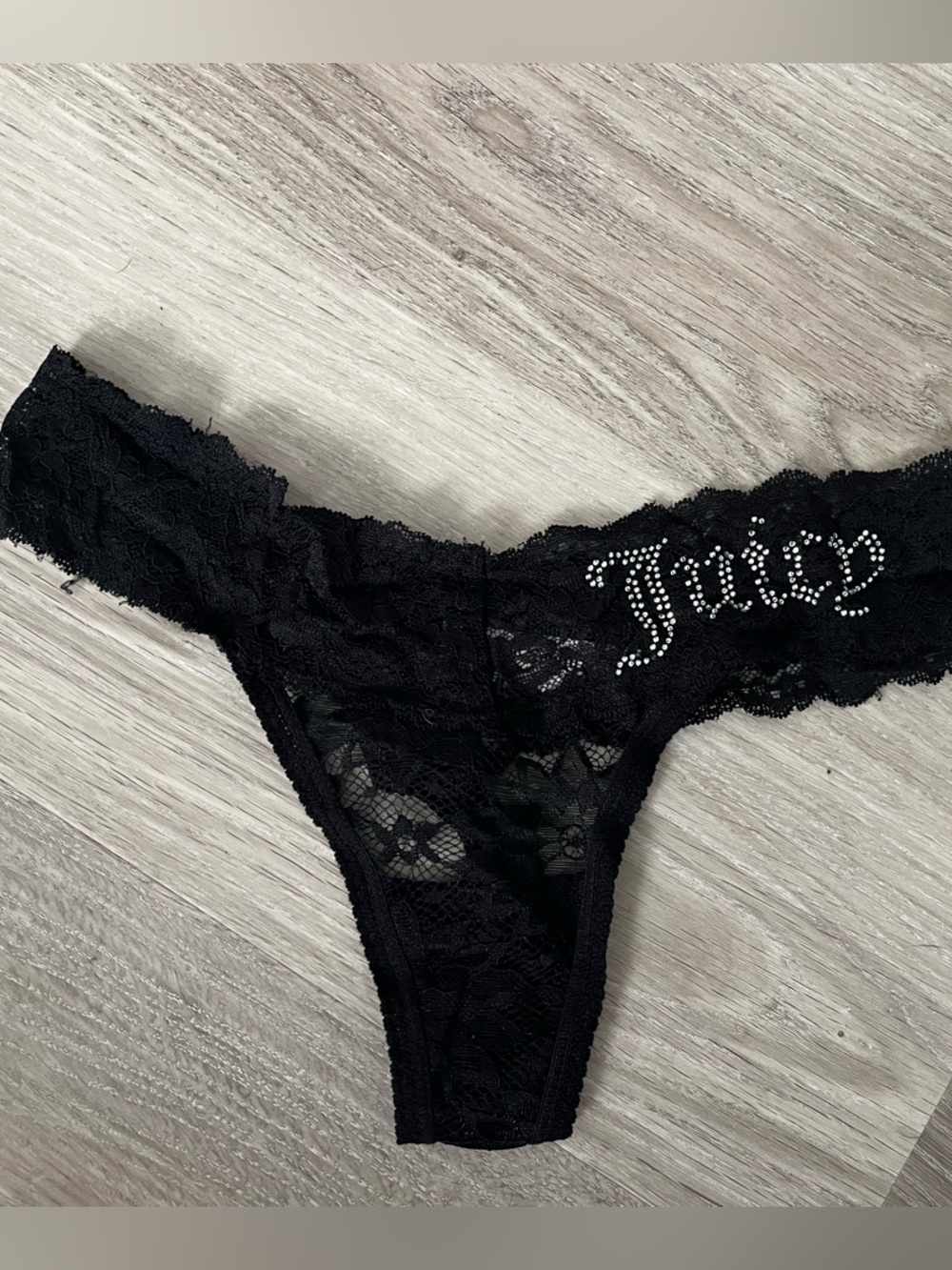 Juicy Couture Black Lace Rhinestone Logo Thong